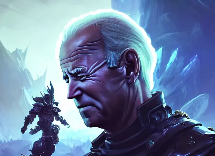 Prompt: joe biden fantasy warrior, rule of thirds, league of legends splash art, path traced, octane, highly detailed, enigmatic lighting, digital painting, hd, alena aenami, lilia alvarado, shinji aramaki, karol bak, alphonse mucha, tom bagshaw, colin searle, artstation, ray tracing, unreal engine 5