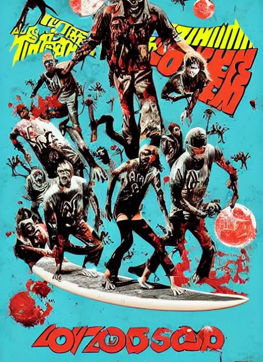 Prompt: a poster of a group of zombies on a surfboard, poster art by john carpenter, featured on deviantart, toyism, movie poster, concert poster, poster art