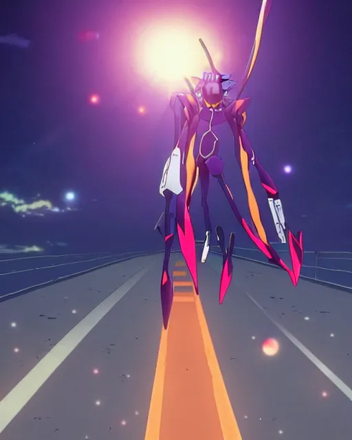 Image similar to anime illustration of black evangelion eva - 0 1 standing on an empty highway holding a steampunk guitar at dawn, cinematic lighting, evangelion anime poster, rebuild of evangelion 1 0 8 0 p, 9 0 s anime aesthetic, volumetric lights, rule of thirds, unreal engine render, pinterest wallpaper, trending on artstation