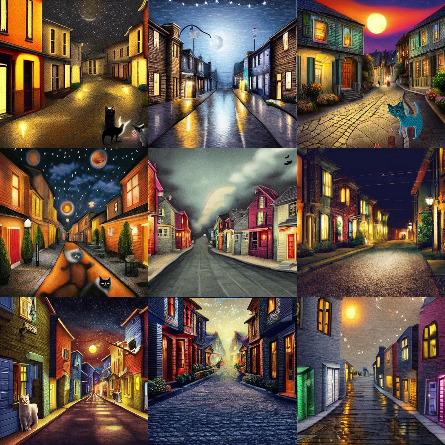 Prompt: a street at a dark night with cats festivities murals on all the houses, ambient light, hyperrealistic