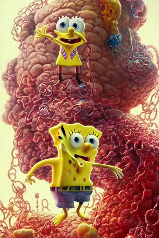 Prompt: SpongeBob, realistic and ultra intricate detailed soft painting, volumetric lighting, mist, chains and red fluid background, Artstation, Tom Bagshaw Yasushi Nirasawa Moebius artstyle, unreal render, depth of field