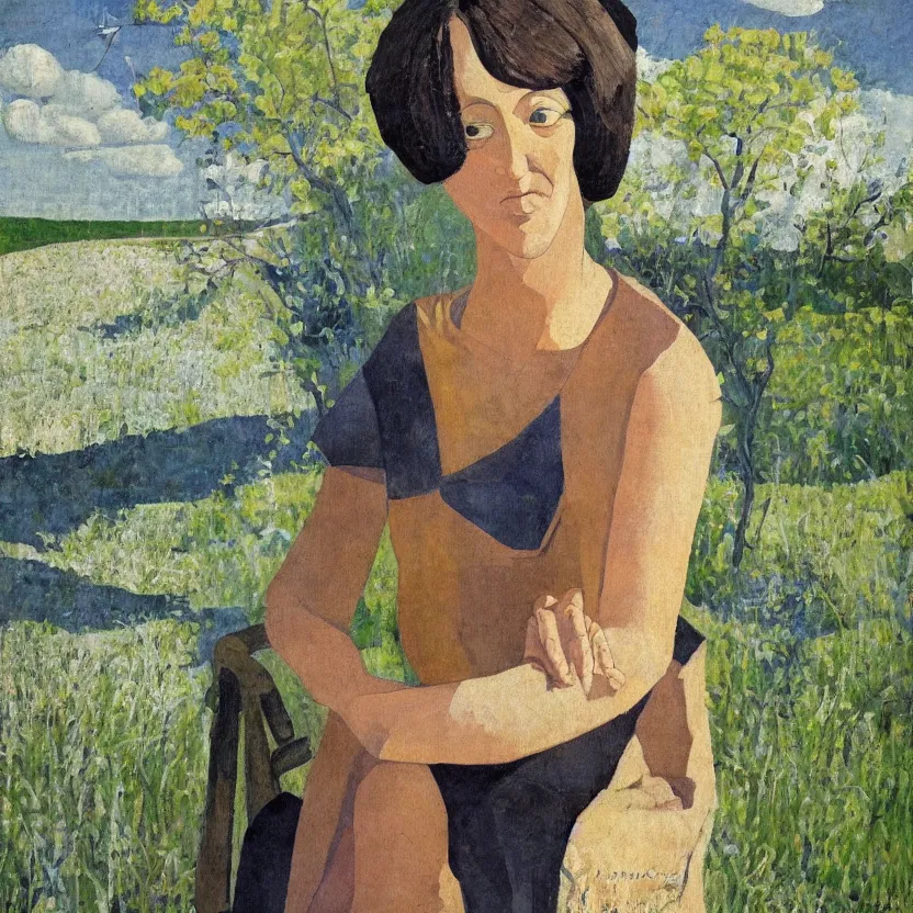 Image similar to a painted portrait of a women outdoors, art by felice casorati, aesthetically pleasing and harmonious natural colors, expressionism, fine day, mid shot portrait