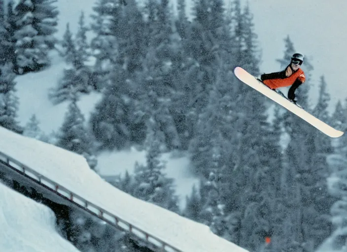 Prompt: a 2 8 mm macro kodachrome photo of a man skiing airborne off a ski jump with snow bursting behind him in the swiss alps in the 1 9 5 0's, seen from a distance, bokeh, canon 5 0 mm, cinematic lighting, film, photography, golden hour, depth of field, award - winning