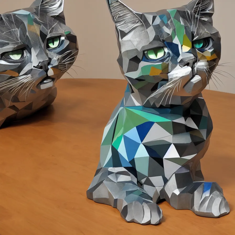 Image similar to beautiful gallery show studio photograph of a giant realistic geometric ceramic sculpture of lil bub cat!!!!, heavily glazed by bridget riley and victor vasarely, placed on a polished wooden table, colorful hyperrealism 8 k trending on artstation