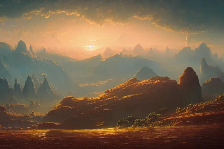 Image similar to a beautiful oil painting of serene alien landscape under the horizon line in the upper third by john howe and albert bierstadt and alena aenami and dan mumford and dave noton, unreal engine, trending on behance