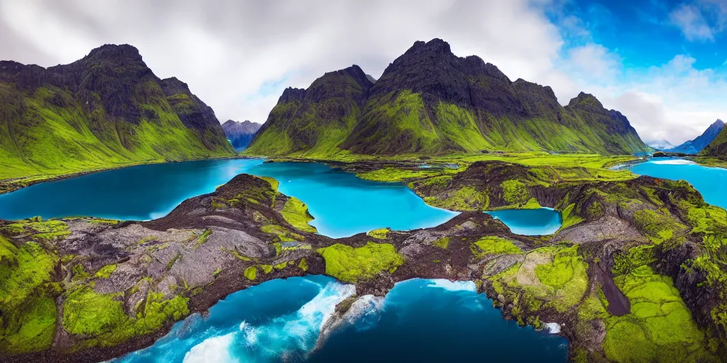 Image similar to drone shot photo of a landscape with mountains, waterfalls, wallpaper, lofoten, very very wide shot, blue glacier, iceland, new zeeland, green flush moss, national geographic, award landscape photography, professional landscape photography, sunny, day time, beautiful