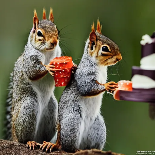 Image similar to three squirrel's having a cool birthday party, national geographic photo, highly detailed