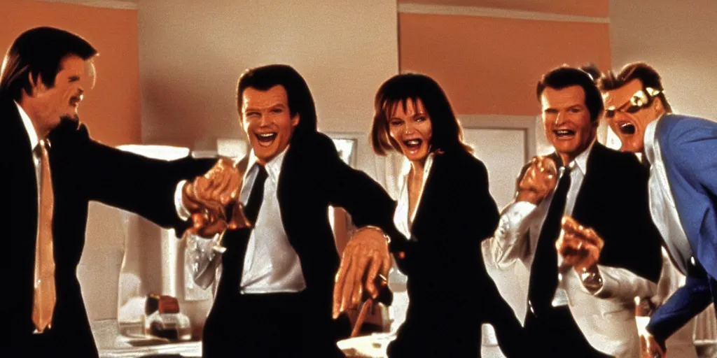 Image similar to still frame of Geena Davis, Roger Moore and Jim Carrey in Pulp Fiction laughing hysterically over a joke