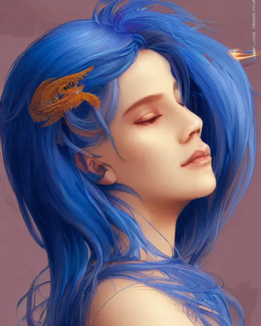 Prompt: Side Profile Portrait of a blue haired Goddess, she holds a spark of all creation in her hands, a tiny red dragon, wide angle, intricate, elegant, overdetailed, professional digital painting, artstation, concept art, smooth, sharp focus, 8K, art by artgerm and greg rutkowski and alphonse mucha and loish and WLOP