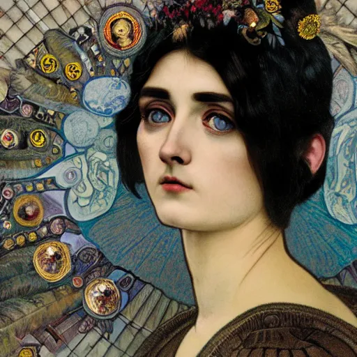 Image similar to highly detailed portrait of adolf hitler as a beautiful cute girl with feathers, endless black hair, with pale skin, fibonacci, fragile, sitted on an intricate stone throne by alphonse mucha, nicola samuri, dino valls, m. w. kaluta, rule of thirds, seductive look, 4 k resolution