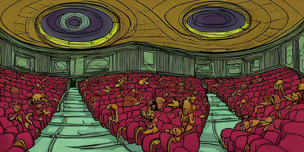 Prompt: a dimly lit, theater hall, 3 doors, 1 staircase, day of the tentacle style, drawn by Peter Chan, fish eye