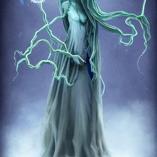 Image similar to concept designs for an ethereal ghostly wraith like figure with a squid like parasite latched onto its head and long tentacle arms that flow lazily but gracefully at its sides like a cloak while it floats around a frozen rocky tundra in the snow searching for lost souls and that hides amongst the shadows in the trees, this character has hydrokinesis and electrokinesis for the resident evil village video game franchise with inspiration from the franchise Bloodborne and the mind flayer from stranger things on netflix