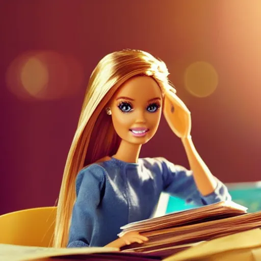 Image similar to a barbie doll with an exhausted!!!! expression sits at a desk with several large stacks of paper on it. her head is resting on her hand. golden hour, photorealistic,