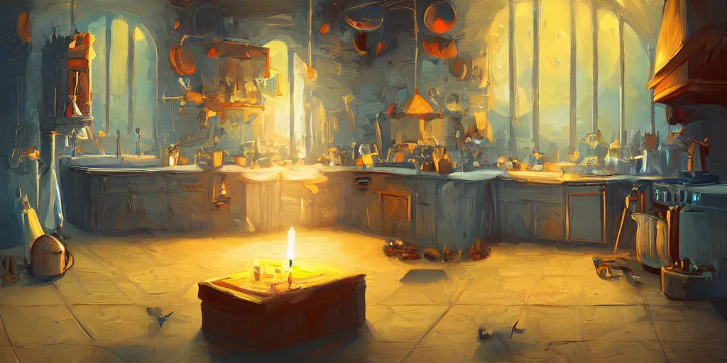 Prompt: weird perspective epic illustration of a kitchen dim lit by 1 candle in a scenic environment by Petros Afshar