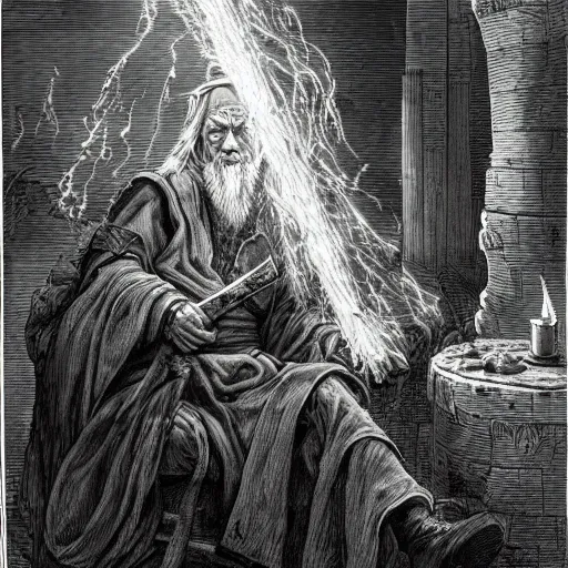 Prompt: the evil ian mckellen smithing on an anvil as gandalf in a dark viking hood playing odin all father crafting a neural network with golden synapses on an anvil with fire, highly detailed, cinematic shot, cinematic lighting, 8 k, exquisit facial detail, painting by gustave dore