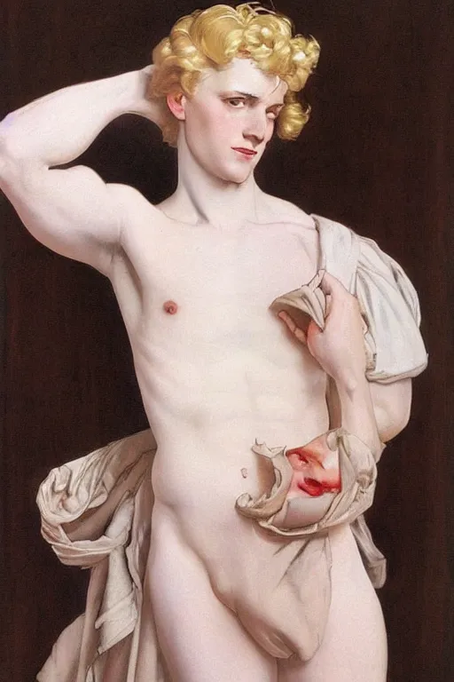 Image similar to Painting of lucius as an indolent consort, long blond drill curls, delicate androgynous prince, pale white porcelain skin, cool tones, by Leyendecker and Norman Rockwell