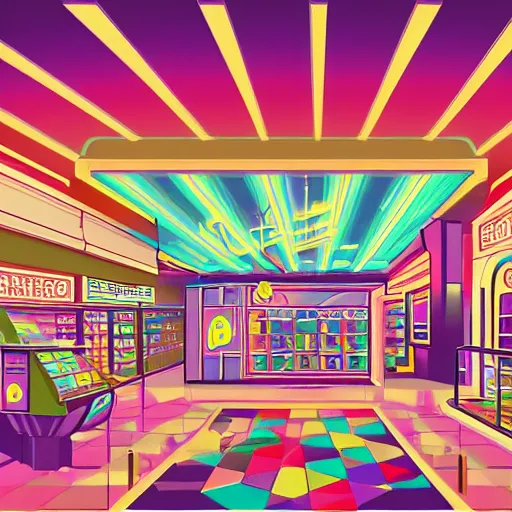 Image similar to art deco vaporwave illustration of a mall board game store in pastel and bright colors