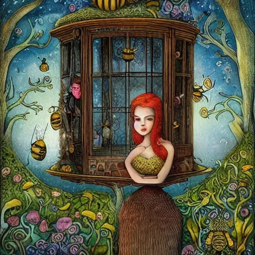 Image similar to a portrait of a woman standing infront of a window, she is happy and has lovely hair and eyes, a man is standing behind her with a look of suprise in his face, 🪴🌳🐝, 8 k, lowbrow, in the style of daniel merriam and alexander jansson,