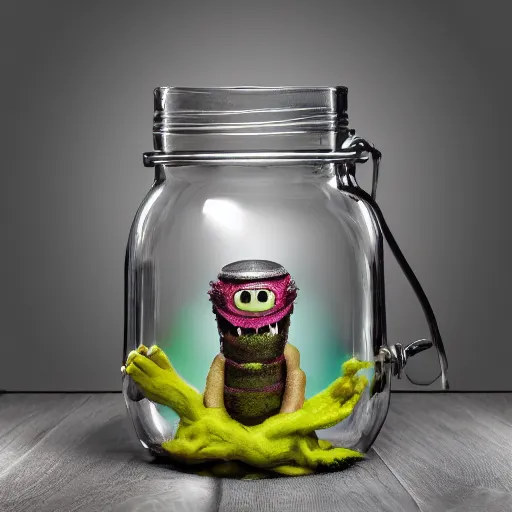 Image similar to Evil monster in a jar, product photography, centered, studio lightning