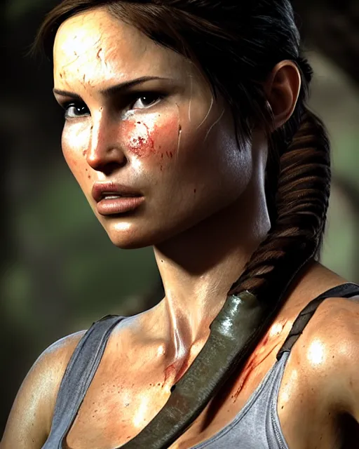 Prompt: portrait of lara croft, focus on her neck, looks thirsty, sweat and heat, muscular sweat