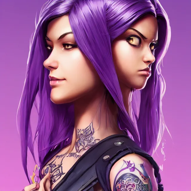 Image similar to beautiful female purple hair with dagger tattoo symmetrical face eyes full length fantasy art apex fortnite Video game icon, 2d game art gta5 cover , official fanart behance hd artstation by Jesper Ejsing, by RHADS, Makoto Shinkai and Lois van baarle, ilya kuvshinov, rossdraws