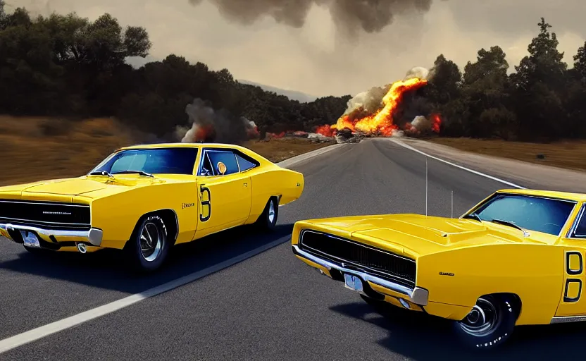 Image similar to a yellow 1 9 6 9 dodge charger daytona driving on a freeway. fire explosion in the background, action scen. realistic. high resolution. dramatic