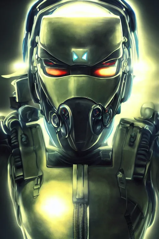 Image similar to cyber cyborg ninja mask helmet metal gear solid artic suit swat commando, global illumination ray tracing hdr fanart arstation by sung choi and eric pfeiffer and gabriel garza and casper konefal, a spectacular view cinematic rays of sunlight comic book illustration, by john kirby