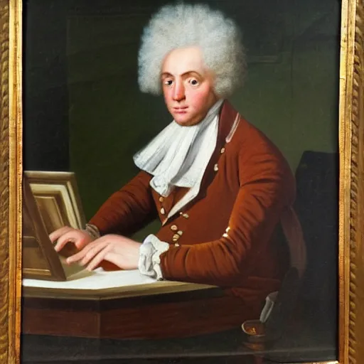 Prompt: 18th century portrait of a man sitting at his desk, frustrated with his computer, oil painting, very detailed, 4k, brush strokes