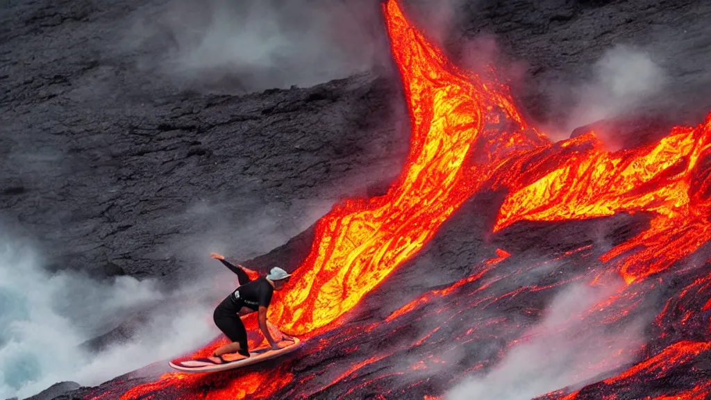 Image similar to person wearing a sponsored team jersey with logos surfing down a river of lava on the side of a volcano on surfboard, action shot, dystopian, thick black smoke and fire, sharp focus