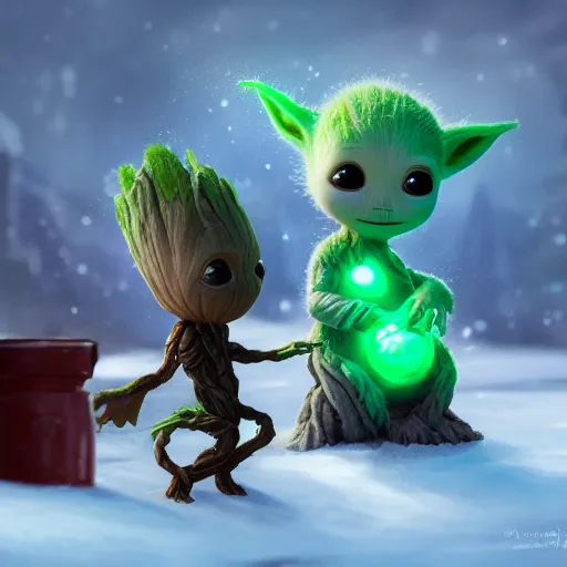 Image similar to Baby Groot and Baby Yoda are building a snowman hyperdetailed, artstation, cgsociety, 8k