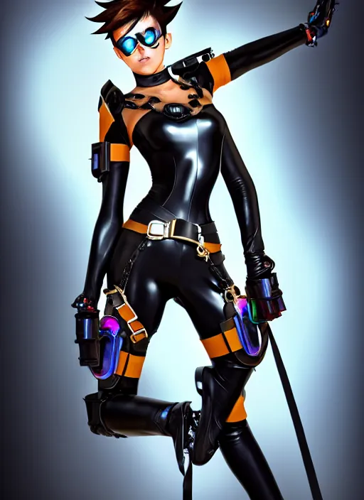 Image similar to oil painting digital artwork of tracer overwatch, confident pose, wearing black iridescent rainbow latex, 4 k, expressive happy smug expression, makeup, in style of mark arian, wearing leather collar, wearing sleek armor, black leather harness, expressive detailed face and eyes,