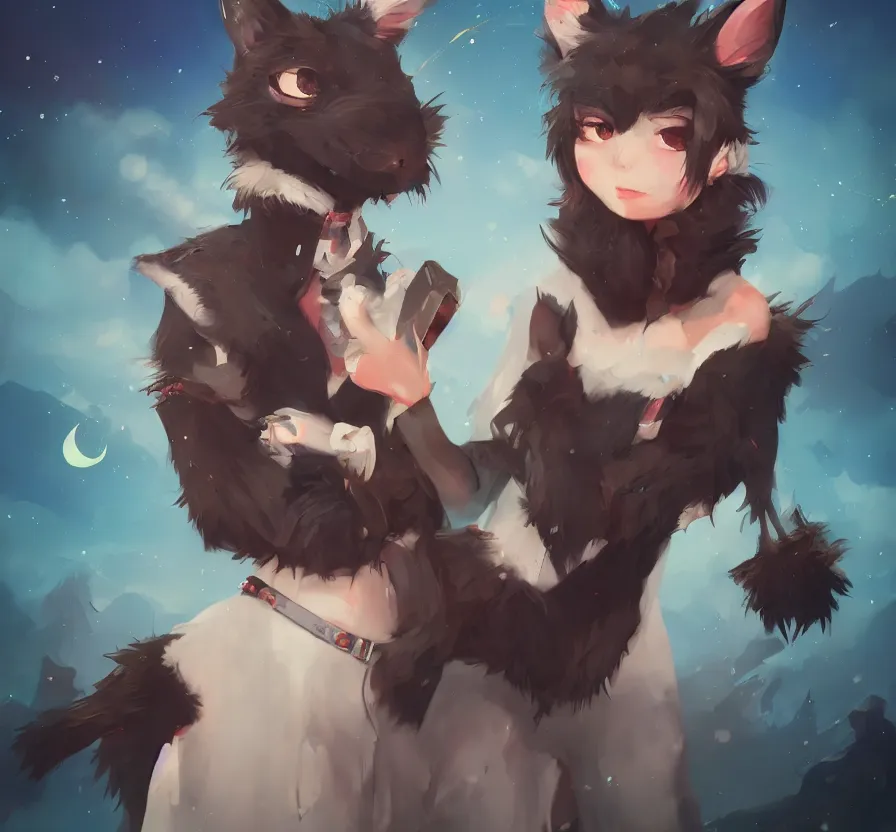 Image similar to vtuber in furry costume, dark colors, acrilic paint, brush paint, heavenly atmosphere, paint, ultra detailed, beautiful image, resolution, artstation