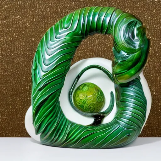 Image similar to a ceramic sculpture of some kind of plant in a glazed surreal abstract serpent frame with a white wall behind it and swirling green plants in the center by cleo sjolander