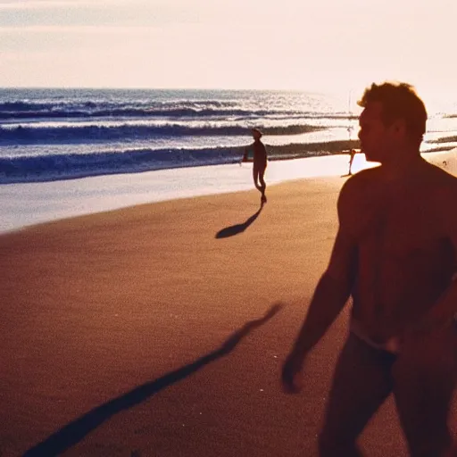 Image similar to a film candid photography of a man, athletic, walking towards camera on an Oregon beach, facing camera, natural lighting, golden hour, well lit, Kodak gold 200 film, trending on instagram