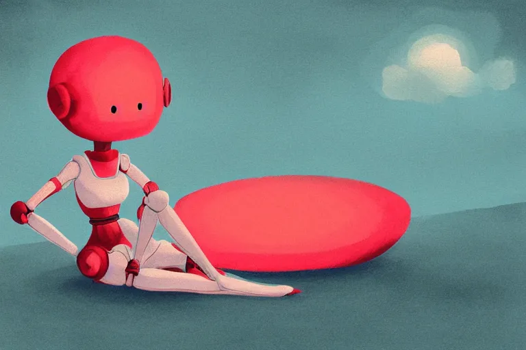 Image similar to a cute robot girl sitting on a cloud relaxing, red lighting, mist, digital art,