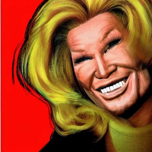 Image similar to handsome, jocelyn wildenstein, pop art poster, soviet propaganda poster, vivid colors, cartoon, long chin, big smile