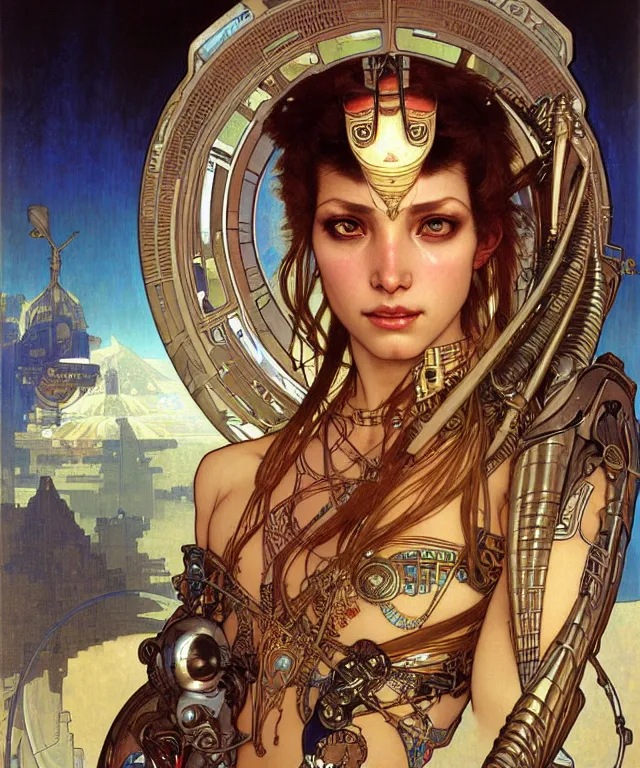 Prompt: realistic detailed face portrait of a beautiful futuristic egyptian warrior priestess in alien cyberpunk armor by alphonse mucha, ayami kojima, amano, greg hildebrandt, and mark brooks, female, feminine, art nouveau, cyberpunk, stargate, neo - gothic, gothic, character concept design