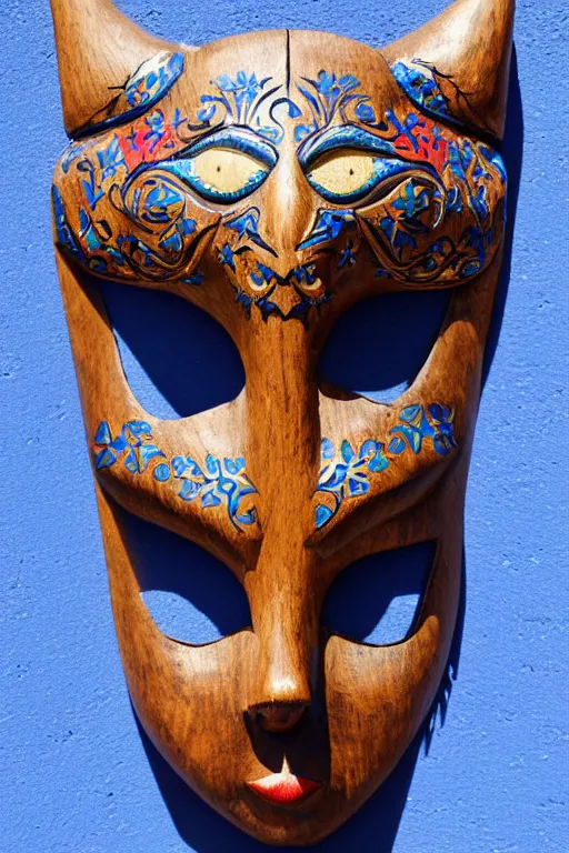 Image similar to a flat carved wooden elf mask face with staring real goat eyes and intricate ornate detail, floating against a dark blue background with stars shapes, vividly coloured, highly detailed, vintage european folk art, colour photograph