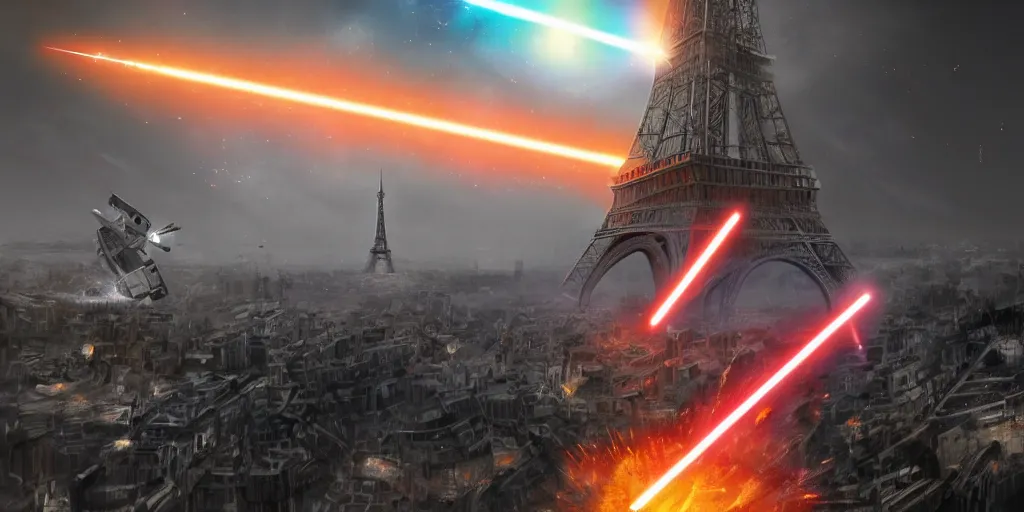 Prompt: Eiffel tower, Huge star wars battle, explosions, lasers, epic fight, shockwave, cinematic battle, vast, sense of scale, trending on art station, 8k
