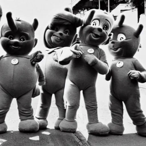 Prompt: The Teletubbies in a Los Angeles street gang, showing gang signs, photograph