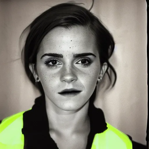 Image similar to photo, close up, emma watson in a hi vis vest, chewing tobacco, portrait, kodak gold 2 0 0,