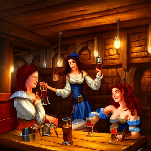 Prompt: medieval tavern with barmaid and patrons drinking, artstation, fantasy