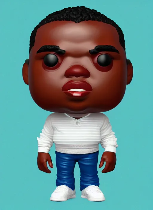 Image similar to full body 3 d render of notorious big as a funko pop, studio lighting, white background, blender, trending on artstation, 8 k, highly detailed