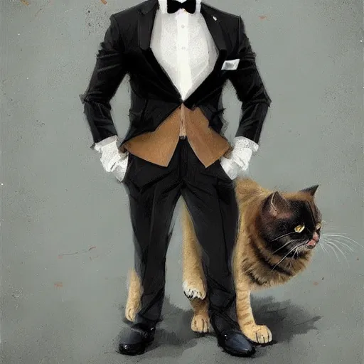 Image similar to cute kittycat man man wearing a cat costume wearing a tuxedo ripped physique greg rutkowski portrait