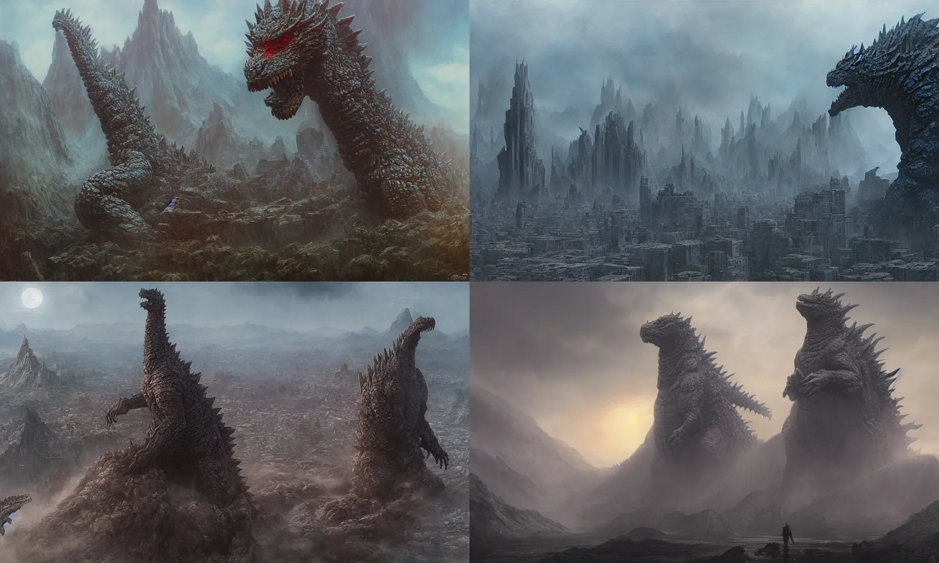 Prompt: A highly detailed 4K fantasy matte painting of a godzilla, zdzislaw beksinski, ArtStation, CGSociety, Unreal Engine