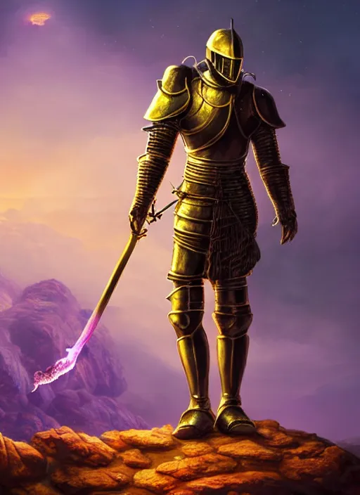 Image similar to a knight in armor decorated with roses and gold holds a flaming sword on a cliff as he watches a violet sunrise on an alien planet. by Ciryl Rolando, hyperrealistic illustration, digital art, studio lightning, very detailed faces