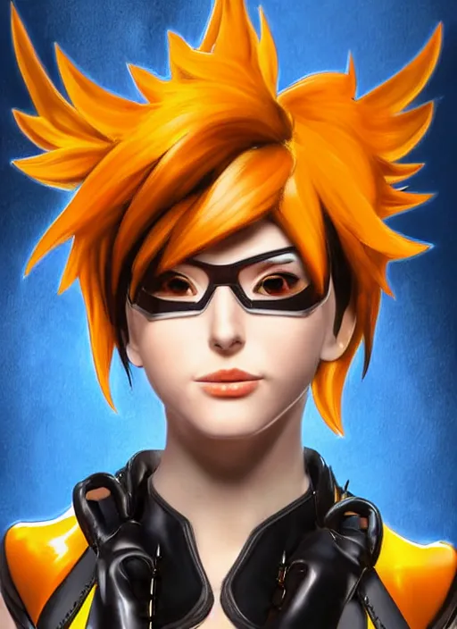 Image similar to portrait bust digital artwork of tracer overwatch, wearing iridescent rainbow latex and leather straps catsuit outfit, makeup, in style of mark arian, angel wings, wearing detailed leather collar, chains, black leather harness, detailed face and eyes,
