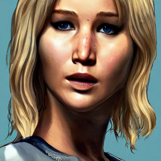 Image similar to jennifer lawrence in gta v, cover art by stephen bliss, intricate detail, trending on artstation