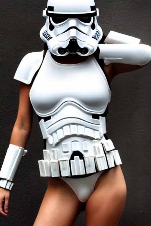 Prompt: a sexy female stormtrooper in white bikini, stormtrooper - helmet, sexy pose, detailed digital matte painting in the style of banksy