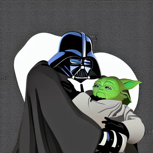 Prompt: Darth vader and yoda hugging each other in a dark room full of stormtroopers